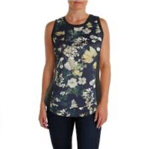RACHEL Rachel Roy Black Floral Sleeveless Mixed Media Short Sleeve Top